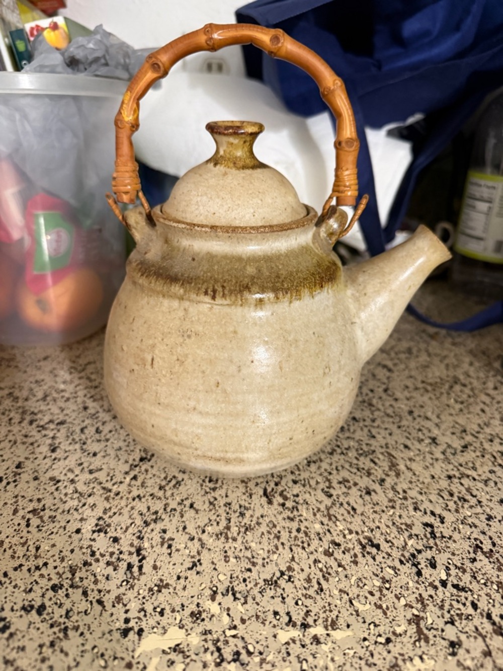 Art Pottery Vintage Stoneware Teapot with Bamboo Handle - Beige and Olive Tones